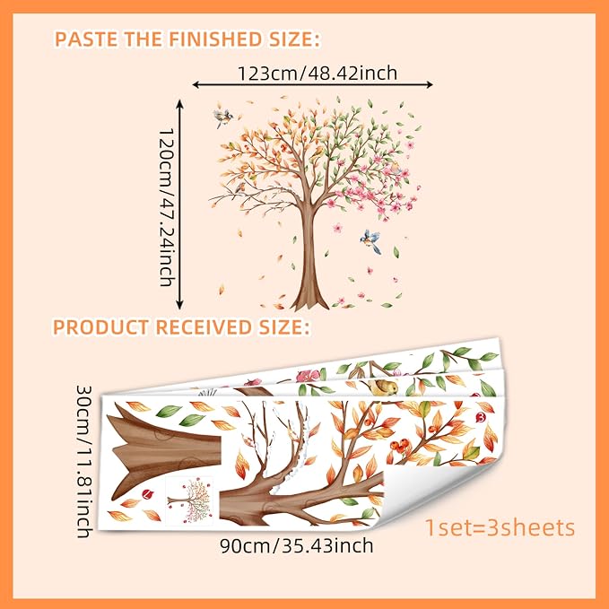3 Sheets Large Tree Wall Decals Stickers Removable Floral Murals Peel and Stick Colorful Tree of Life Art Vinyl Living Room Decor with Flowers & Birds for Classroom Girls Bedroom Kids Nursery Office - Image 6