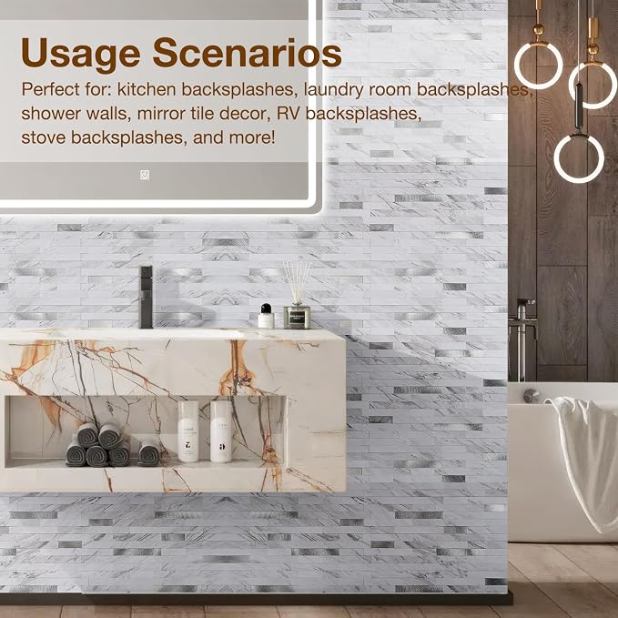 Peel and Stick Backsplash Tile Waterproof Removable PVC Wall Sticker 3D Faux Stone Marble Brick White Accent Panels (White Marble - Metal Silver, 20 Tiles - 9 sq. ft. (0.84 M²)) - Image 7
