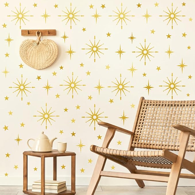 Gold Star Wall Sticker Retro Starburst Peel and Stick Decal for Living Room | Wall stickers, modern mid century decor, atomic removable art mural, ceiling stars, peel and stick, for kids bedroom nursery - Image 6