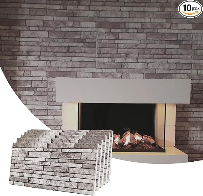 Dundee Deco 3D Wall Panels Faux Brick - Cladding, Light Brown Grey Stone Look Wall Paneling, Styrofoam Facing for Living Room, Kitchen, Bathroom, Balcony, Bedroom, Set of 5, Covers 27 sq ft by DundeeDeco