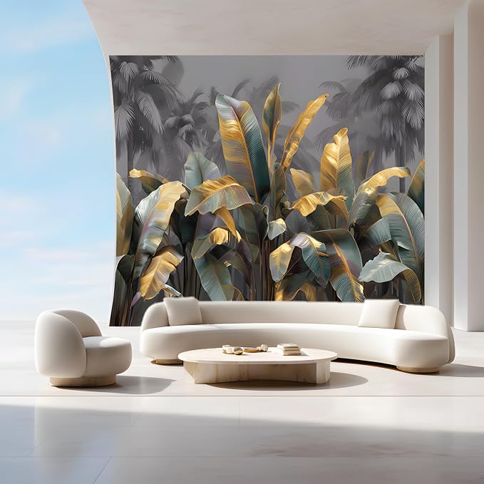 ASJ Tropical Peel and Stick Wallpaper Mural, Gold Leaf Banana Green | Seamless edge-to-edge match. Art deco dark palm tree artwork, 139x94 in, premium fabric, living room bedroom. - Image 4