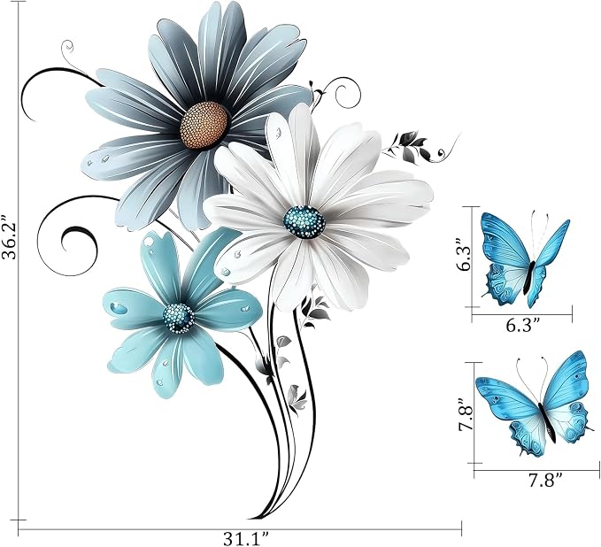 Rustic Floral Flower Blue White Daisy Butterfly Wall Decals Decor Stickers | Modern farmhouse peel and stick wall mural decoration, removable vinyl decor art for bedroom living room classroom office - Image 2