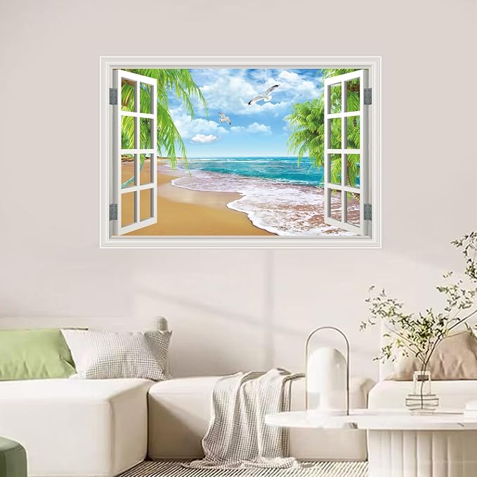 Fake Window Wall Mural Beach Palm Tree Art Poster Faux Window Wall Sticker for Office Home Room Decor, Peel and Stick Wall Decals 24" x 16" - Image 5
