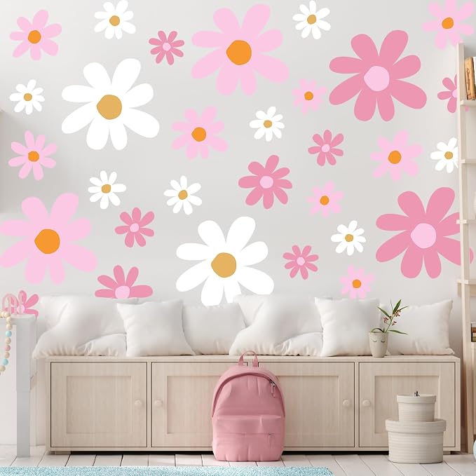 TaoBary 12 Sheet Daisy Wall Sticker Decals Pink White Flower Wall Stickers | Large Flower Wall Decals, Big Floral Decal, Daisy Bedroom Room Decor, Removable Peel and Stick, Nursery Home Wall Decor - Image 3