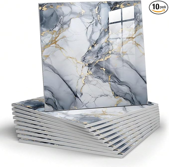 Chejiaye 10pcs Marble Peel and Stick Backsplash Waterproof Washroom Wall Panels, Peel and Stick Tile, PVC Foam Wall Panels for Kitchen,Bathroom,Living Room,Blue and Gold(Not Real Tile,11.8" x 11.8") by Chejiaye