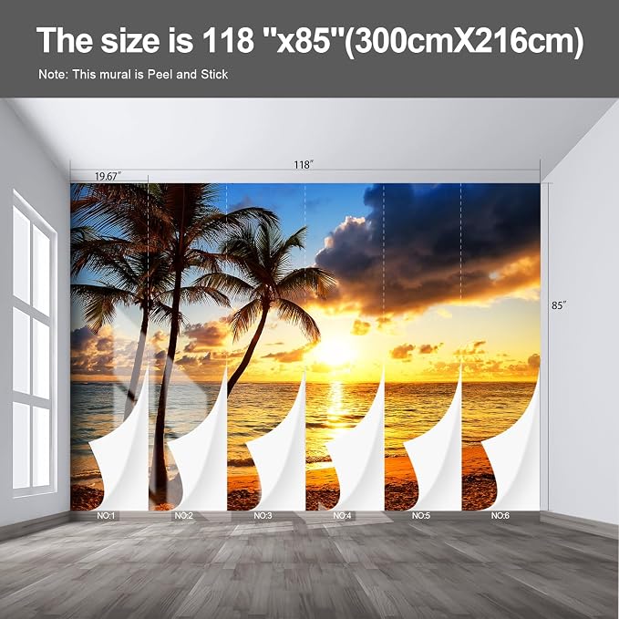 Beach wall murals at Dusk Peel and Stick self Adhesive Sunset Wallpaper for Bedroom Living Room - 85"x118" - Image 2