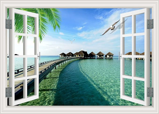 Self-Adhesive Wall Sticker Romantic Living Room Bedroom Study Office Decorative Wall Sticker Ocean Scenery Fake Window Sticker Mural (17.3"×27.6", Maldives) by THNWSY