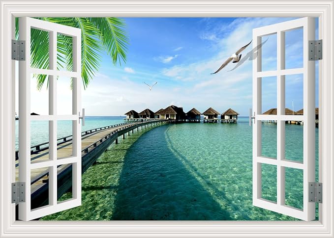 Self-Adhesive Wall Sticker Romantic Living Room Bedroom Study Office Decorative Wall Sticker Ocean Scenery Fake Window Sticker Mural (36"×48", Maldives) by THNWSY