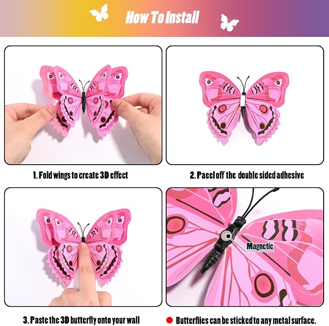 SAOROPEB 3D Butterfly Wall Decor, 72 Pcs Pink Butterfly Decorations | Double Layer for Party Decorations Locker Decor Refrigerator Decal, Reusable - Image 7