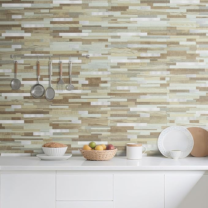 AULIGET 2 Sheets Beige & Brown Wood Peel and Stick Backsplash, PVC Mixed Metal Silver Wall Tile Stick on Backsplash for Kitchen and Bathroom - Image 2