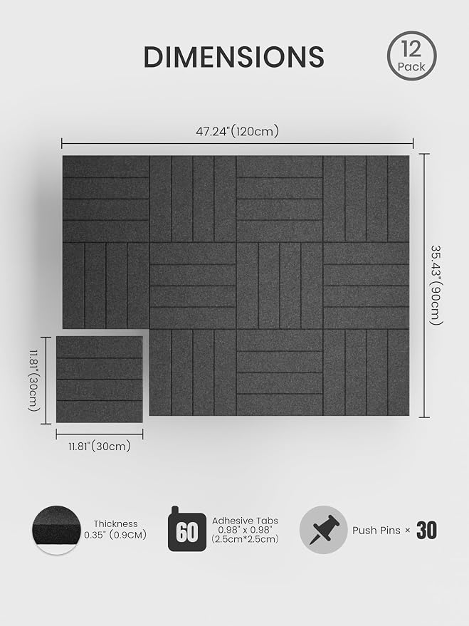 Bumusty 48"x 36" Large Felt Bulletin Board Tiles, Charcoal Gray | 12-Pack Cork Board Alternative, Wall Decor, 30 Pushpins, 60 Adhesive Tabs, Vision Board, Office, Classroom, Home, Dorm - Image 2