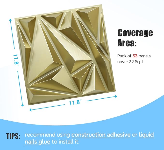 STICKGOO Gold 3D Wall Panels for Interior Wall Decor, 12''x12'', 33 Pack | PVC Lightning Diamond Design, Accent Wall Paneling for Bedroom, Gaming, Living Room, TV Background Decor, Cover 32.Sq.Ft - Image 4