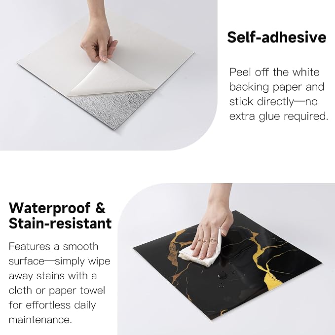 20pcs Black-Gold Marble Peel and Stick Shower Wall Panels | (11.8"x11.8",Total 19.4 Sq.Ft.) Waterproof,Backsplash Tile,Stick on Wall,for Bathroom,Bedroom,Kitchen,Entryway,TV Wall - Image 4