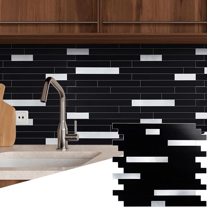 Yipscazo 10 Sheets Peel and Stick Stone Metal Tile Backsplash, Stick on Tiles for Backsplash Kitchen, Bathroom, Laundry Room, Camper, Fireplace (12'' X 12'', Polished Pure Black) by Yipscazo
