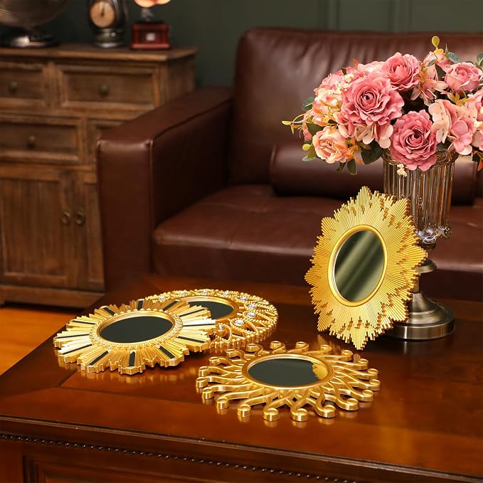 Barydat 10 Pcs Boho Gold Sun Mirrors for Wall Decor 10 Inches Plastic Decorative Wall Mirrors for Entryway Home Living Room (Modern) - Image 6