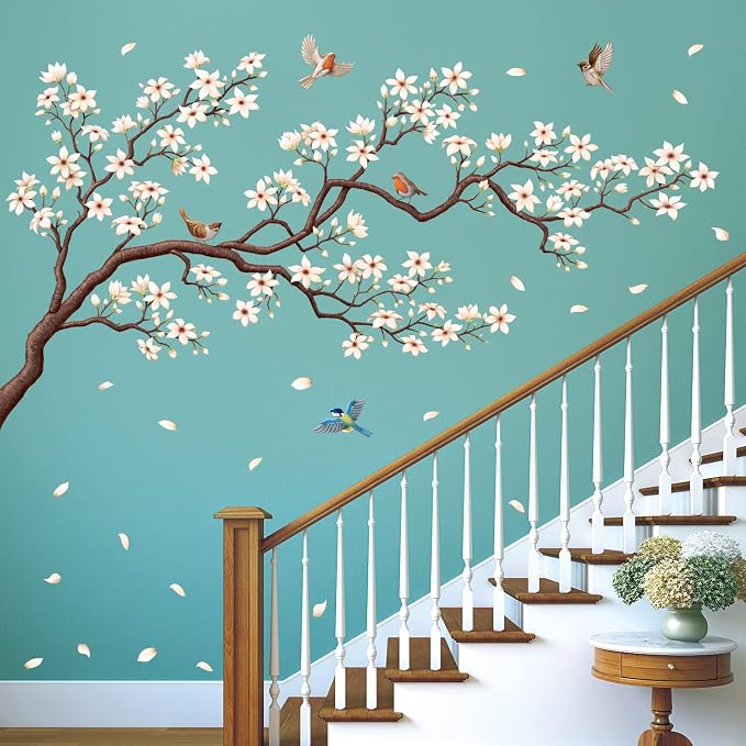 DECOWALL White Cherry Blossom Wall Stickers Decals Birds Branch (SG4-2213) | Peel and stick removable floral decor with petals and botanical art for living room, bedroom, nursery, office and staircase by DECOWALL