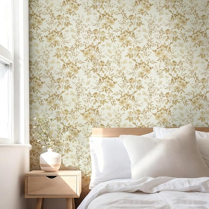 Erfoni Boho Floral Peel and Stick Wallpaper Floral Leaf Contact Paper DIY | 16.9" x394" Yellow Brown Flower Self Adhesive Wallpaper Removable Decoration Wallpaper for Accent Walls Covering - Image 4