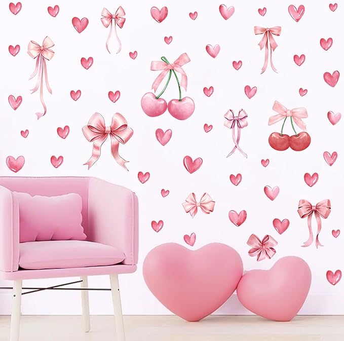 Arawat 58pcs Bowtie and Cherry Room Decor Pink Wall Stickers and Decals for Bedroom Bathroom and Living Room Cherry Wall Sticker and Decal Bow Decor - Image 3