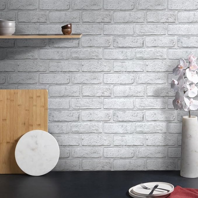 COMSTICKC 3D Faux White Brick Wall Panels Peel and Stick Wall Stickers | 10 Pcs of 11.8" x 11.8", with Gray Spots Design, Small Size Thin PVC Fake Brick Adhesive Wall Covering Backsplash Decor - Image 2