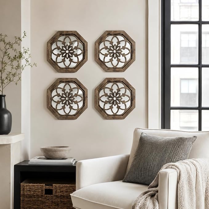 4 Pack 12 Inch Octagon Maroon Rustic Wood Frame Acrylic Wall Mirrors, Farmhouse Boho Wall Art Decor for Living Room, Bedroom, Hallway, Entryway, Bathroom & Office - Image 7