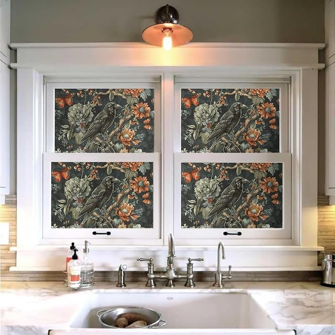 18"x236" Gothic Dark Vintage Flower Birds Peel and Stick Self Adhesive Wallpaper Removable Contact Paper Stick on Easy Peel Off Wall Paper for Kitchen Bedroom Bathroom Renter - Image 4