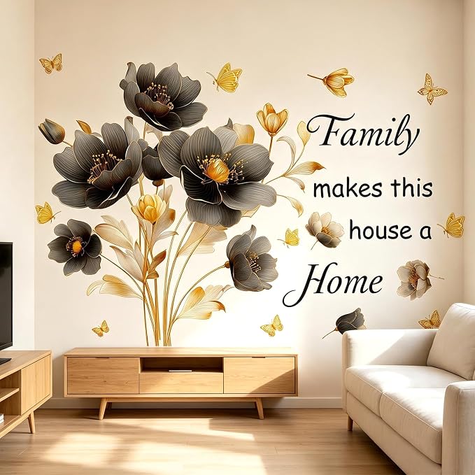 Floral Flower Family Quotes Butterflies Peel and Stick Wall Decor Decals | Elegant gold flower removable vinyl wall stickers mural with "Family makes this house a home" quote for living room bedroom - Image 7