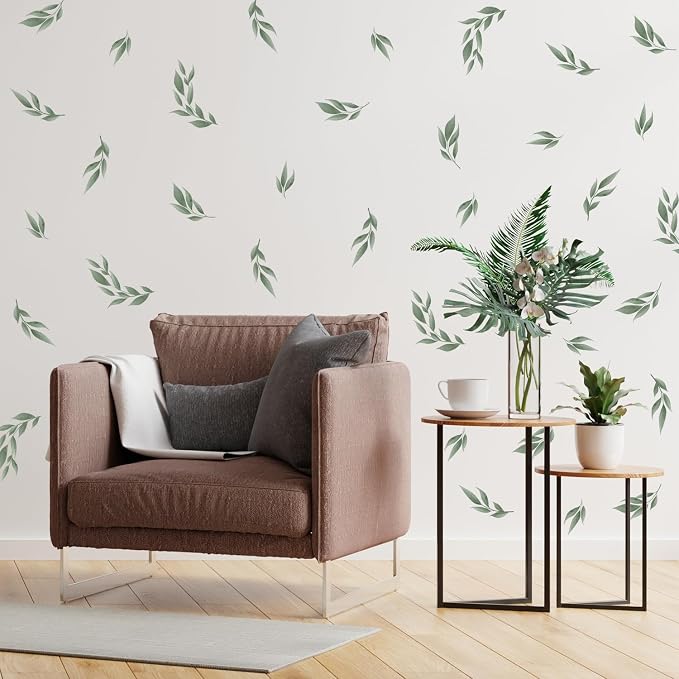 LHIUEM Green Leaves Stickers 56 PCS Boho Decals Sage Green Wallpaper Watercolor Olive Leaf Decals Fresh Leaves Wall Art Greenery Wall Decor Botanical Plants Stickers for Living Room Bedroom Office by LHIUEM