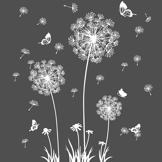 Dandelion Wall Decals Removable Flower Wall Stickers Peel and Stick Floral Butterfly Murals Dandelion Party Decoration for Bedroom Living Room Sofa Backdrop TV Dandelion Wall Decor (White) by Buiory