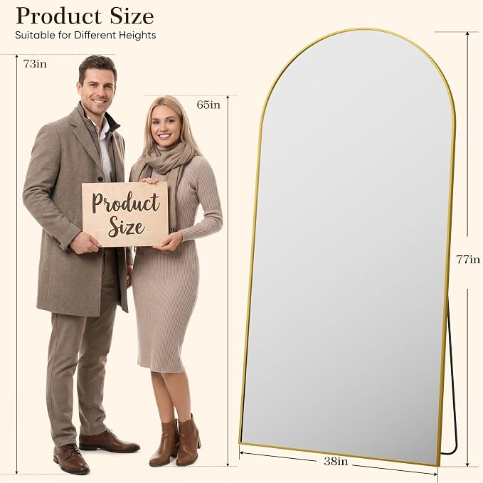 77"x38" Arched Full Length Mirror, Full Body Floor Mirror, Gold - Image 2