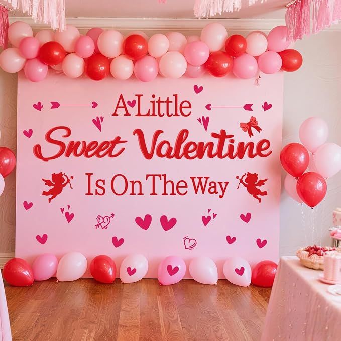 LHIUEM A Little Sweet Valentine is On The Way Decals Red Hearts Valentine Birthday Banner A Little Sweetheart is On The Way Happy Birthday Stickers for Valentines Baby Shower Party Photo Props Arch by LHIUEM