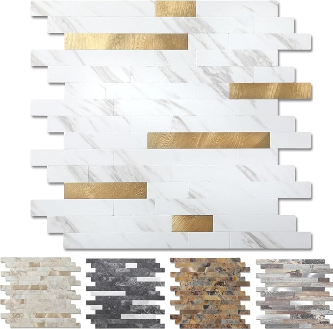 Yipscazo 2026 New Upgrade Peel and Stick Backsplash, Stick on Backsplash Tiles for Kitchen, Bathroom, Fireplace (10 Sheets, White Stone with Gold) by Yipscazo