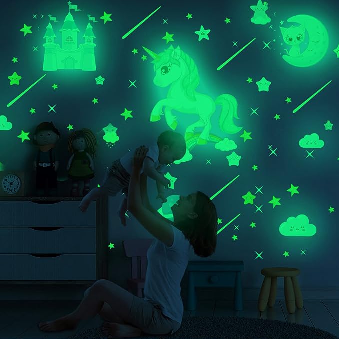 Glow in The Dark Unicorn Stickers, 206 pcs Cats and Moon Wall Decals, Glowing Castle Clouds Ceiling Decor for Kids Bedroom, Stars and Rainbow Wall Decor for Girls and Boys Gift - Image 7