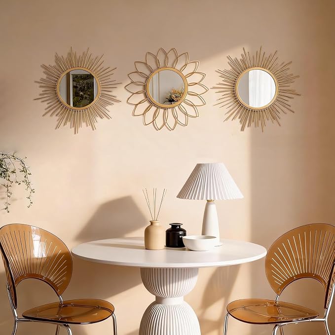 Boho Sunburst Wall Mirror Set of 3, 12 Inch Round Antique & Modern Metal Wall Art, Hanging Over The Door Mirrors for Wall Decor in Living Room, Bedroom, Bathroom, Entryway（Gold） - Image 2