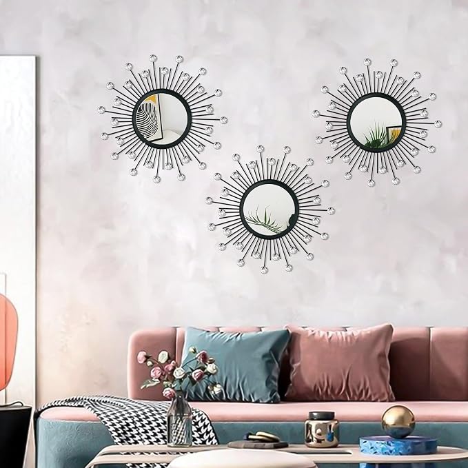 3 Pack Metal Mirrors for Wall Sunburst Wall Mirrors Home Décor Decorative Hanging Wall Art for Living Room Bedroom Entryway (Black Crystal, Sunburst) - Image 3