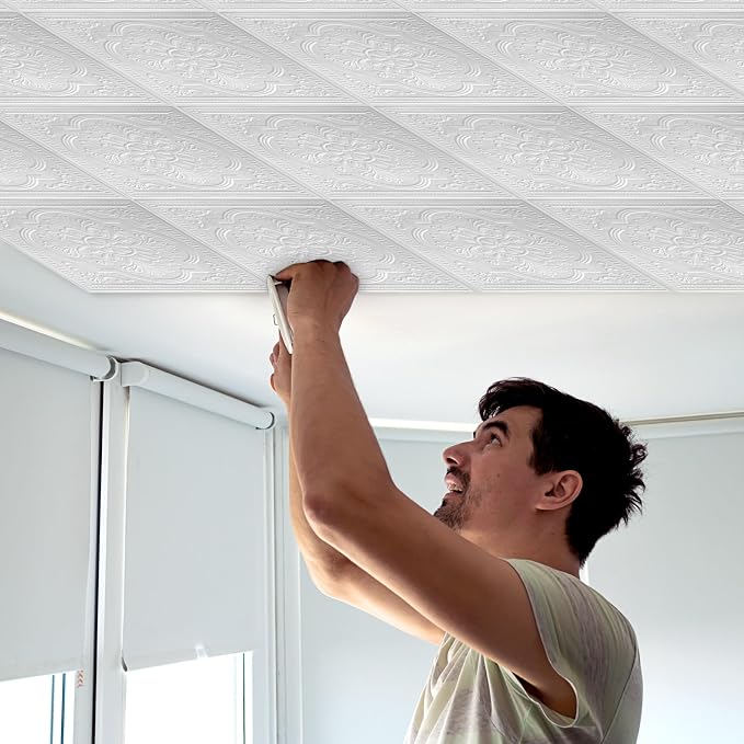 Nuanchu 40 Pcs 13.8 x 13.8 Inch Ceiling Tiles Peel and Stick, Exquisite | Foam White 3D Wall Panels 26-105.5 Sq. ft Adhesive Glue up Waterproof Wallpaper for DIY Office Home - Image 7