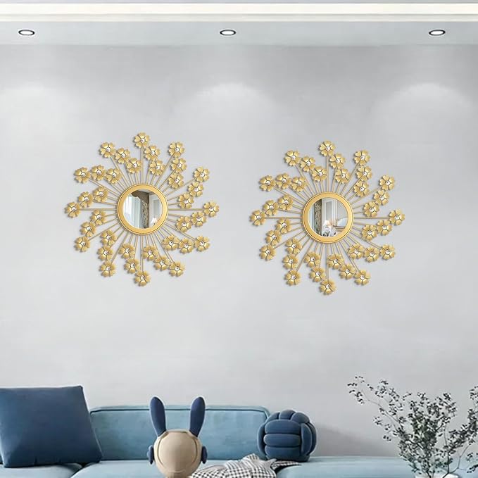 2 Pack Metal Mirrors for Wall Boho Sunburst Wall Mirror Home Decor Modern Decorative Wall Art for Bedroom Living Room Entryway - Image 2