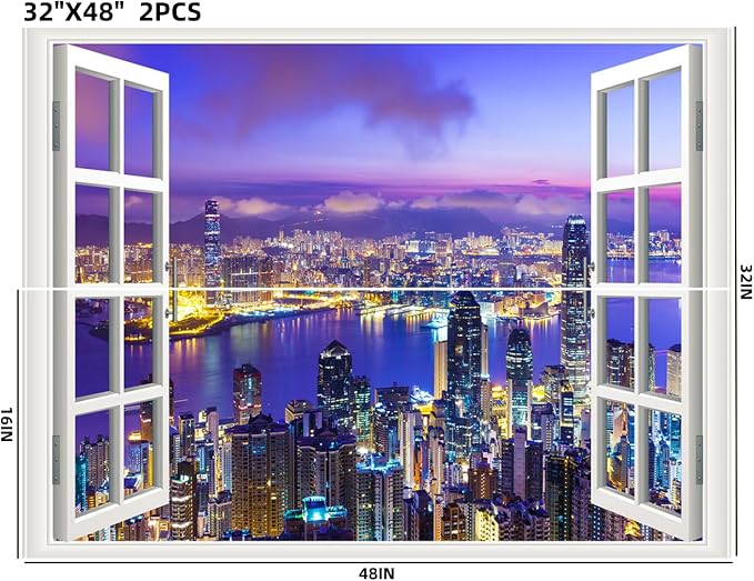 Self-Adhesive Wall Sticker Romantic Living Room Bedroom Study Office Decorative Wall Sticker Ocean Scenery Fake Window Sticker Mural (City Night, 32"×48") - Image 2