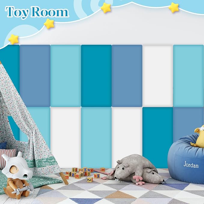 Hahafelt 8 Pack Wall Padding for Playroom Peel and Stick Headboard 15.75" x 7.87" x 1.18" 3D Anti Collision Upholstered Wall Panels Self Adhesive Headboard Panel for Protection (Blue Colors) - Image 6