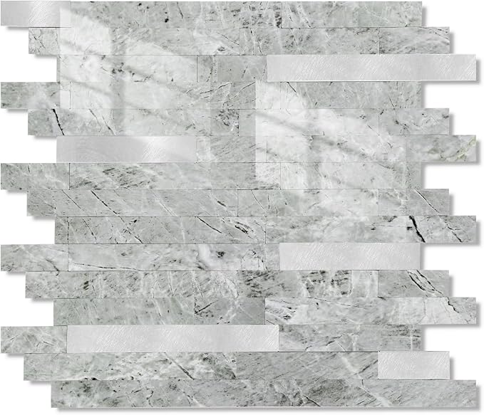 Yipscazo 5 Sheets Peel and Stick Stone Metal Tile Backsplash, Stick on Tiles for Backsplash Kitchen, Bathroom, Laundry Room, Camper, Fireplace (12'' X 12'', Polished Gray) by Yipscazo