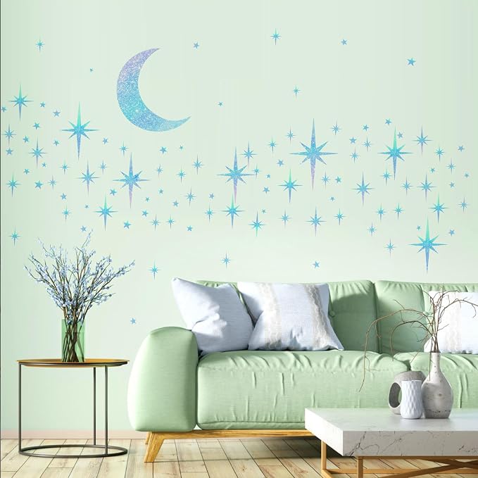 Retro Star Moon Wall Decals Sparkle Art Stickers Mid Century Modern Decor | Blue star and moon decor, peel and stick, removable vinyl art murals wallpaper, for ceiling baby boy girl bedroom living room - Image 9