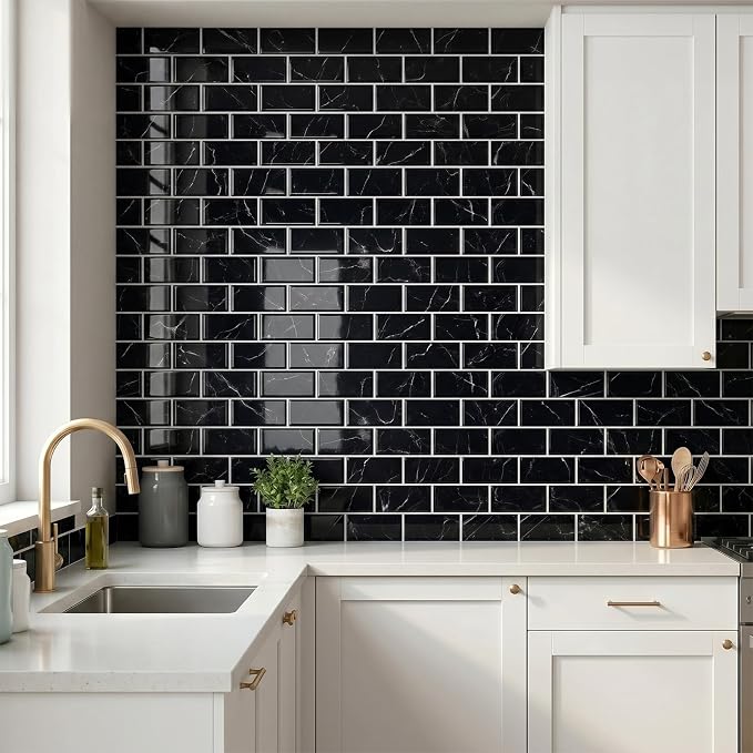Arttown Peel and Stick 3D Wall Backsplash, 10-Sheet, 12" × 12" Black | Subway Tile Self Adhesive Thicker Design Wall Tiles Panel Wallpaper for Kitchen Bathroom Balcony Rental Housing - Image 2