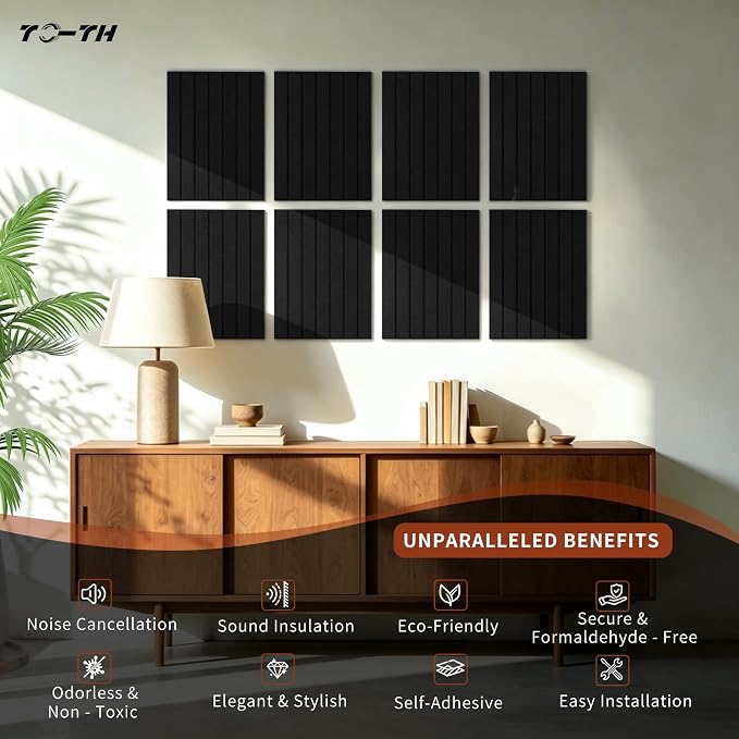 TO-TH Sound Proof Wall Panels 12 Pack Peel and Stick Acoustic Panel, Black | Self-Adhesive, Reduce Echo & Flutter, Polyester Fiber, 11.8"×15.7"×0.35", Sound Absorbing Panel for Indoor Acoustic Treatment - Image 5