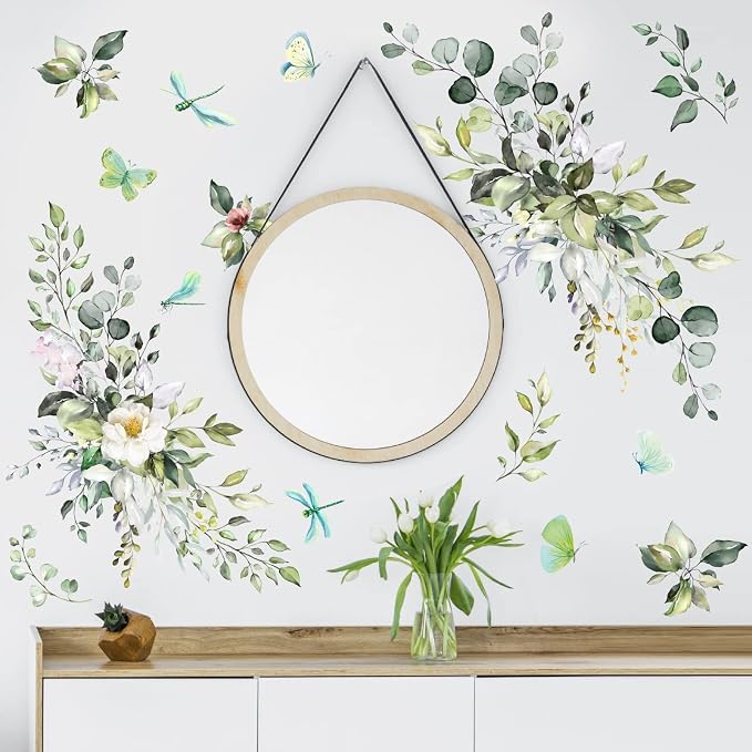 Green Leaves Wall Decals Hanging Vines Butterflies Art Mural Peel and Stick | Wall stickers, removable vinyl art mural, rustic plants, modern botanical, for living room bedroom bathroom nursery farmhouse by HATARU