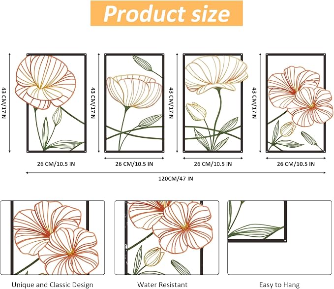 ESTART 4Pcs Metal Lotus Wall Decor Abstract Floral Line Art Sculpture | Minimalist Wall Decor for Bedroom Flowers Hanging Wall Sculpture for Living Room Kitchen Office and Yoga Room(Colourful) - Image 3