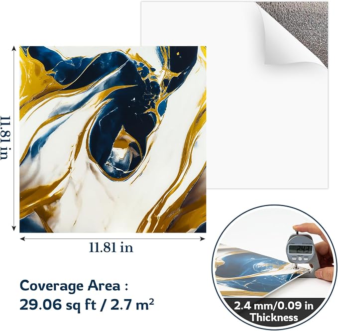 Peel and Stick Wall Panels, Self-Adhesive Waterproof Tile Look Wallpaper, Blue and Gold Marble Design, 2.4mm Thick, 30 Sheets - Image 4