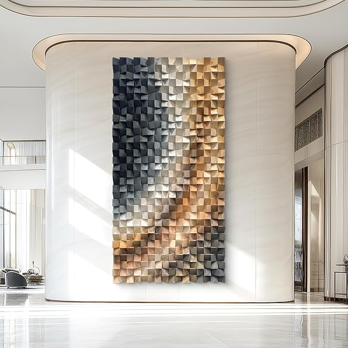LIUZEYUE Large Abstract Wood Wall Art Featuring Balanced Gradient Blockwork | wood art for wall; dark blue and sand, multi-level pine surface; dining room expansive wall balance; 35.4 x 70.9 in by Unknown