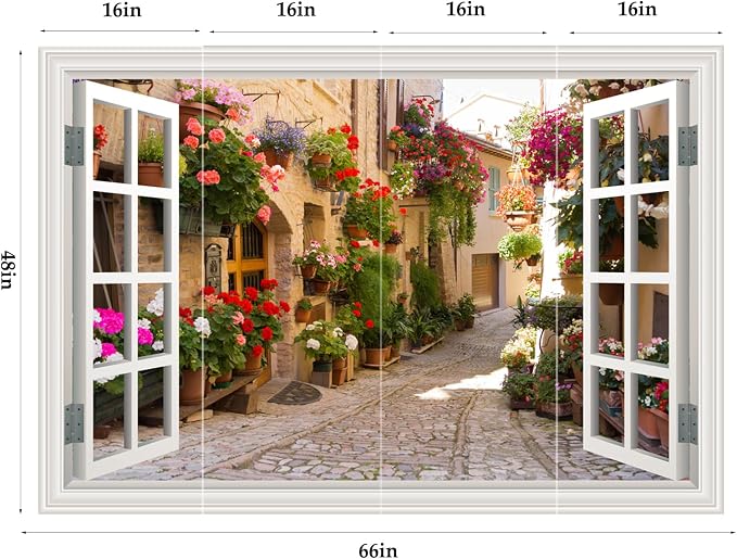 Fake Window Wall Decals Spring Italy Rose Alley Flower Wall Art Sticker | ｜Faux Window Natural Scenery Landscape Mural ｜ Stick and Peel Wall Decal｜Room Bedroom Office Decor｜Large Murals 66"x48" - Image 9
