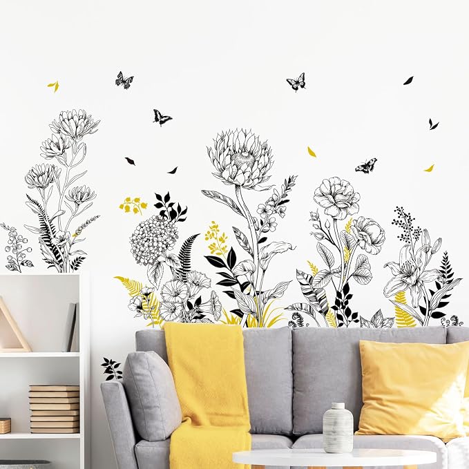 Black Yellow Flower Wall Decals, 3 Sheets Sketch Garden Floral Wall Stickers Simple Line Wildflower Grass Butterflies Art Decor Bedroom Bathroom Hallway Sofa Gifts for Mom(11.8x35.4 in/Sheet) by Supzone
