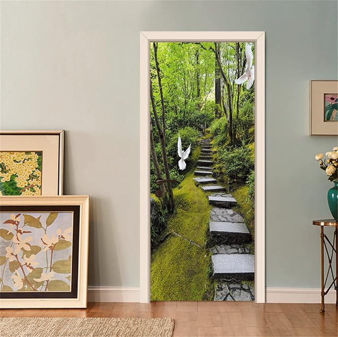 artfanke 3D Peel and Stick Door Sticker 30.3"x78.7"- Self-Adhesive Door Wallpaper Murals Decal Wall Poster-Pigeon Green Forest Landscape for Home Decor (2 Sheets/Set) - Image 7