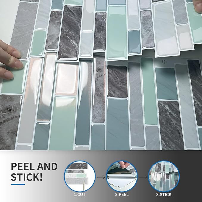 10-Sheet Peel and Stick Kitchen Backsplash Tiles | 3D Waterproof Self Adhesive Wall Tile Stick on Backsplash for Kitchen and Bathroom(Blue Green,12"×12") - Image 6